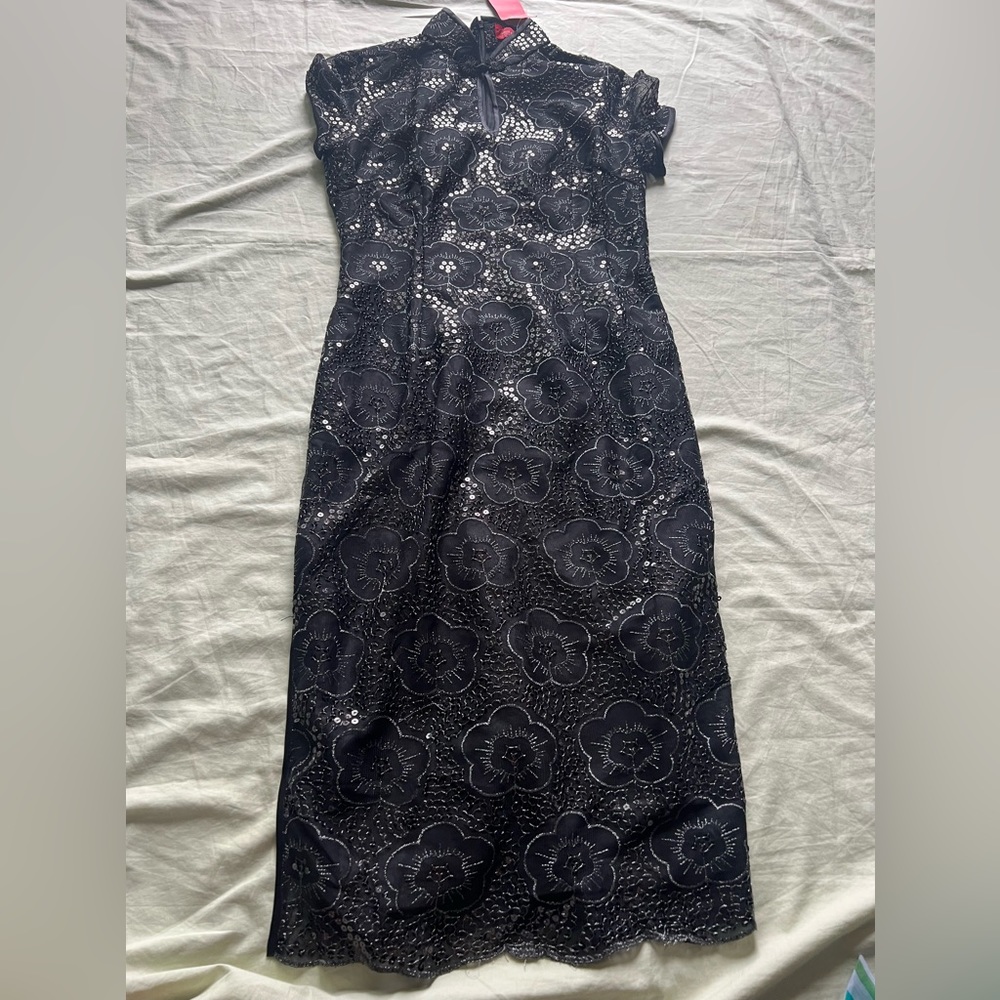 Silver Dragon Size M Lace Dress Oriental Classic Length 43” Zip Short Sleeve #77